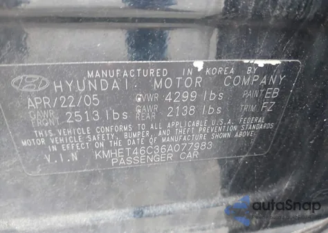 2006 Hyundai Sonata Gl from USA, damaged, VIN KMHET46C36A077983